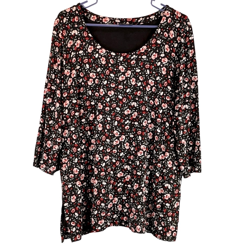 J Jill Wearever Collection Floral Tunic Top Pullover Black Red Pink Sz L
